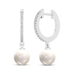 Cultured Pearl & White Lab-Created Sapphire Hoop Dangle Earrings Sterling Silver