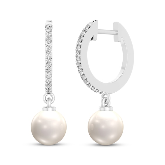 Cultured Pearl & White Lab-Created Sapphire Hoop Dangle Earrings Sterling Silver