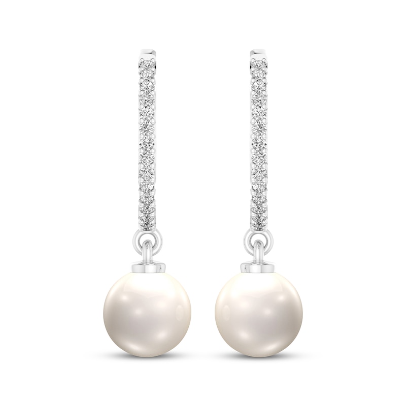 Main Image 2 of Cultured Pearl & White Lab-Created Sapphire Hoop Dangle Earrings Sterling Silver