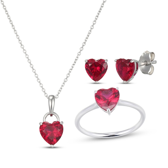 Heart-Shaped Lab-Created Ruby Gift Set Sterling Silver