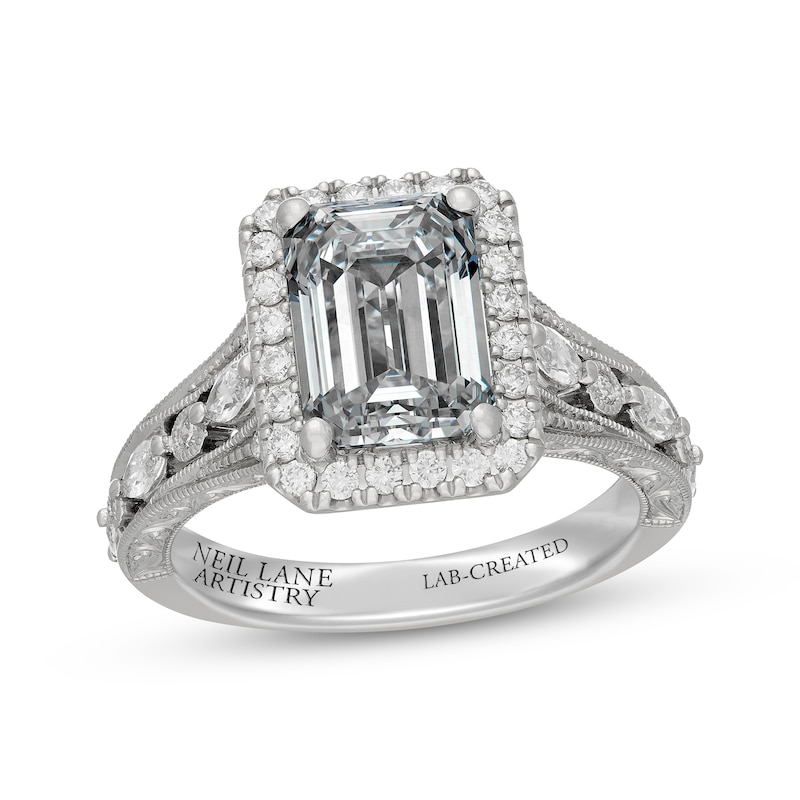 Main Image 1 of Neil Lane Artistry Heritage Emerald-Cut Lab-Grown Diamond Halo Engagement Ring 3-3/4 ct tw Platinum