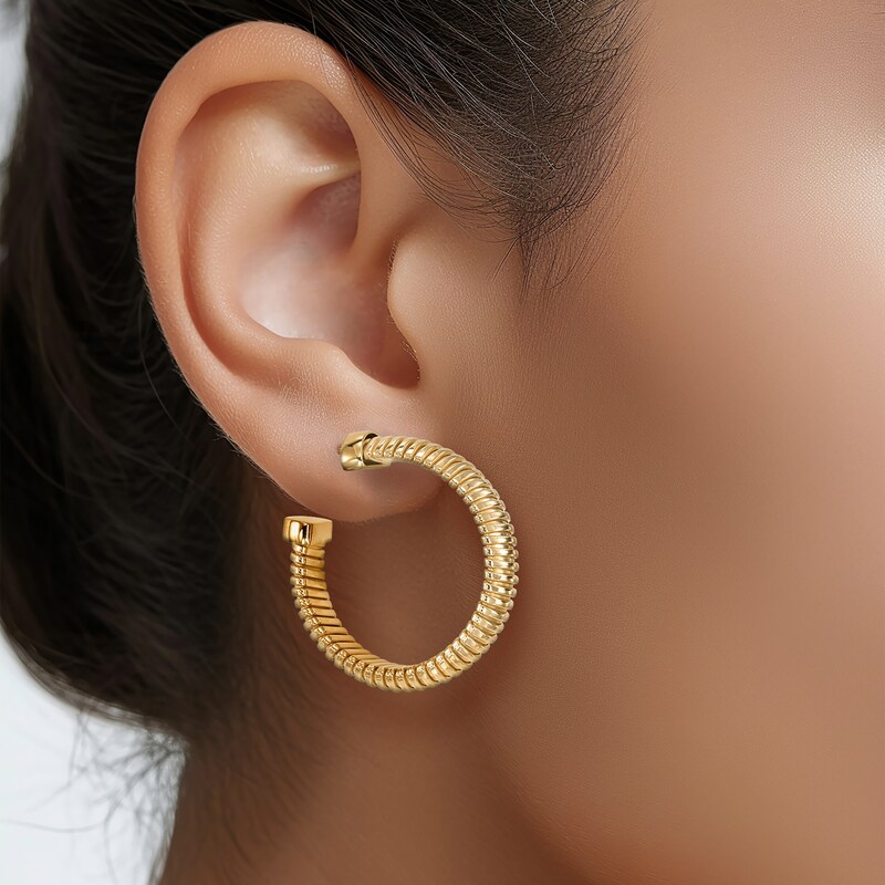 Main Image 3 of Ribbed Hoop Earrings 24K Yellow Gold Vermeil Sterling Silver 30mm