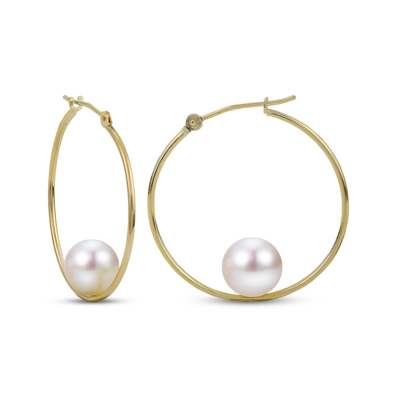 Main Image 1 of Cultured Pearl Hoop Earrings 10K Yellow Gold