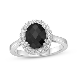 Oval-Cut Black Onyx & White Lab-Created Sapphire Halo Ring Sterling Silver