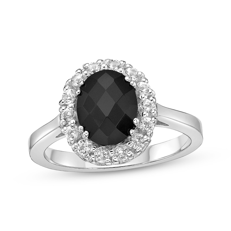 Main Image 1 of Oval-Cut Black Onyx & White Lab-Created Sapphire Halo Ring Sterling Silver