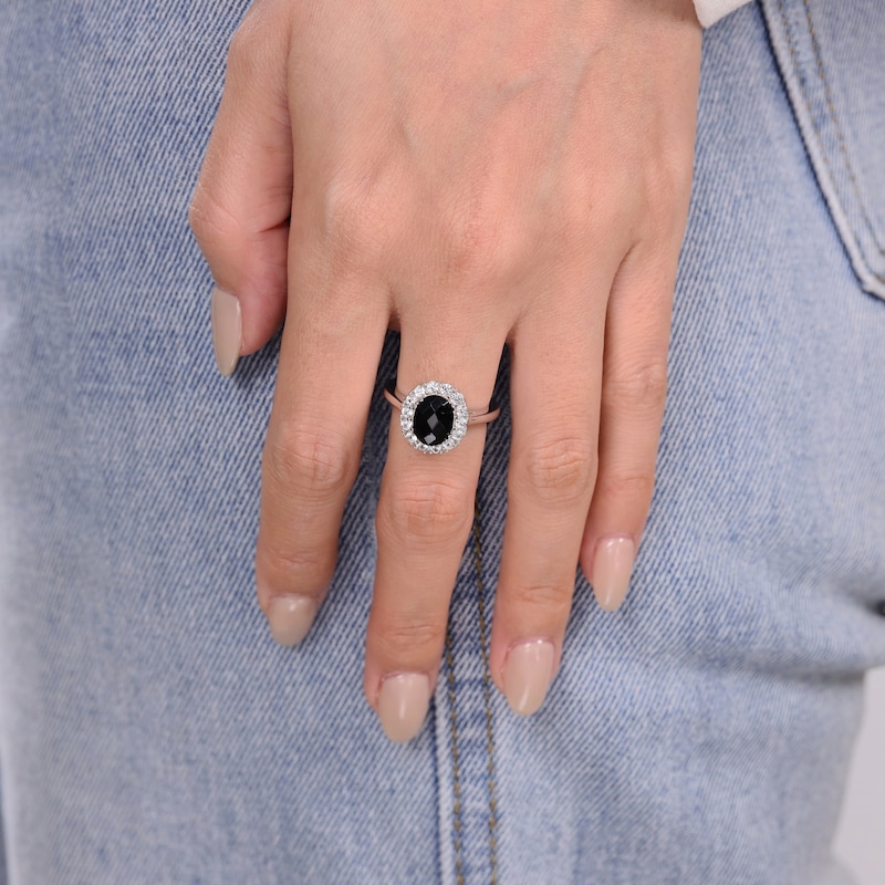 Main Image 5 of Oval-Cut Black Onyx & White Lab-Created Sapphire Halo Ring Sterling Silver