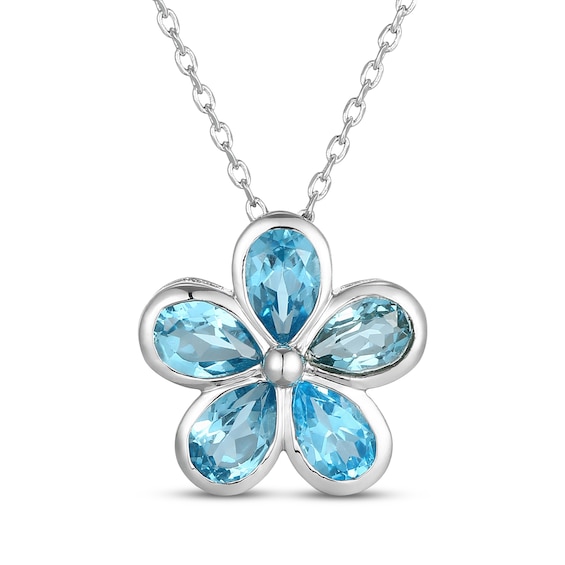 Pear-Shaped Swiss Blue Topaz Flower Necklace Sterling Silver 18"