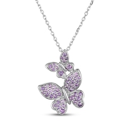 Round-Cut Amethyst Stacked Butterfly Necklace Sterling Silver 18"