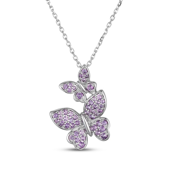 Round-Cut Amethyst Stacked Butterfly Necklace Sterling Silver 18"