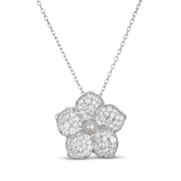 Cultured Pearl & White Lab-Created Sapphire Flower Necklace Sterling Silver 18"