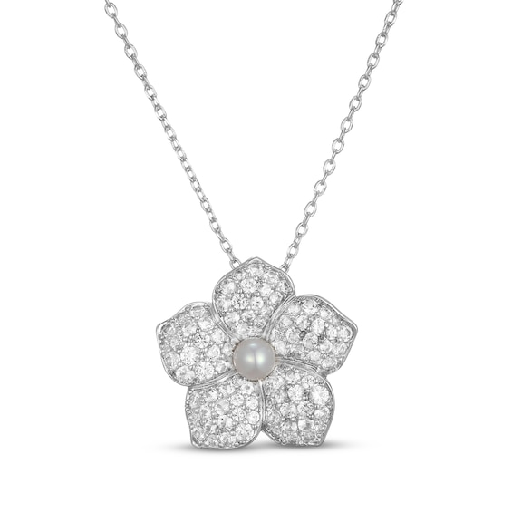 Cultured Pearl & White Lab-Created Sapphire Flower Necklace Sterling Silver 18"