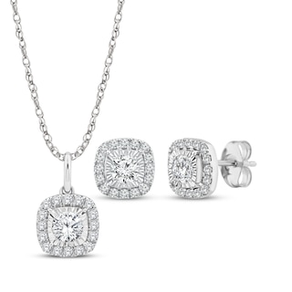 KAY Lab-Grown Diamonds Cushion-Shaped Halo Necklace & Stud Earrings Gift Set 1 ct tw 10K White Gold