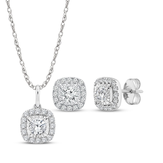 KAY Lab-Grown Diamonds Cushion-Shaped Halo Necklace & Stud Earrings Gift Set 1 ct tw 10K White Gold