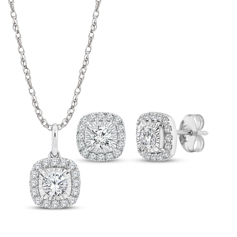 Main Image 1 of KAY Lab-Grown Diamonds Cushion-Shaped Halo Necklace & Stud Earrings Gift Set 1 ct tw 10K White Gold