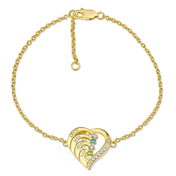 Color Stone Family Heart Bracelet (2-4 Stones and 2 Lines)
