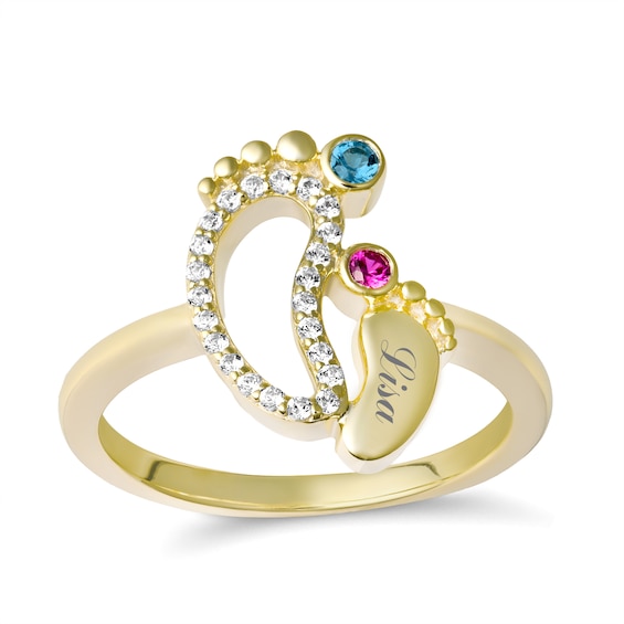 Birthstone Baby Feet Family & Mother's Ring (2 Stones and 1 Name)