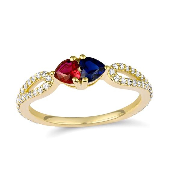 Couple's Color Stone and White Lab-Created Sapphire Heart Ring (2 Stones)