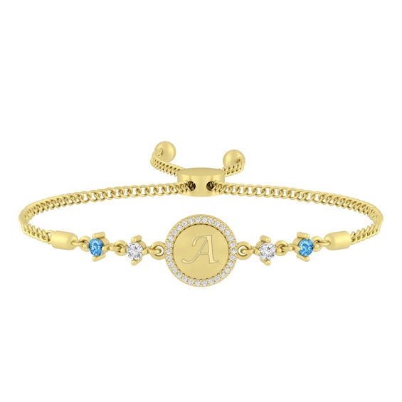 Family & Mother's Initial Disc Bolo Bracelet (4 Stones and 1 Initial)