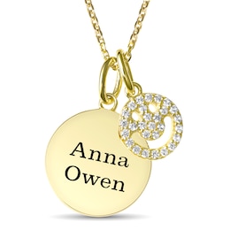 Engravable Round Disc and White Lab-Created Sapphire Happy Face Charm Necklace (2 Names)