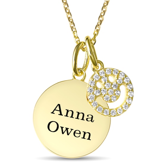 Engravable Round Disc and White Lab-Created Sapphire Happy Face Charm Necklace (2 Names)