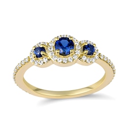 White Lab-Created Sapphire 3-Stone Round Halo Birthstone Ring