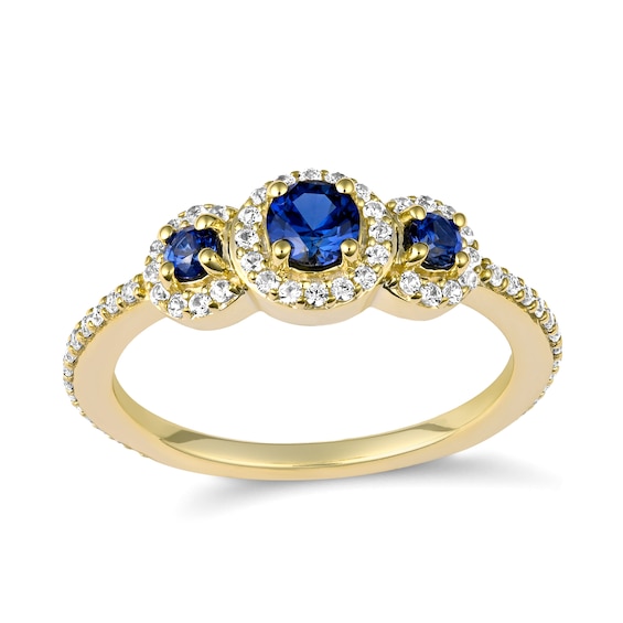 White Lab-Created Sapphire 3-Stone Round Halo Birthstone Ring