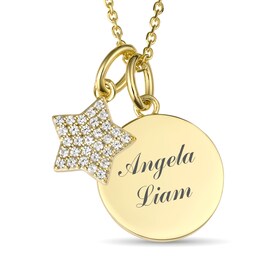 Engravable Round Disc and White Lab-Created Sapphire Star Charm Necklace (2 Lines)