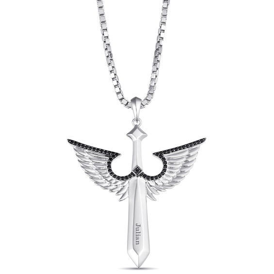 Men's Black Spinel Angel Wing Sword Necklace (1 Line)