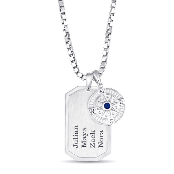 Men's Sterling Silver Compass Dog Tag Necklace with Sapphire Stone (1-4 Lines)