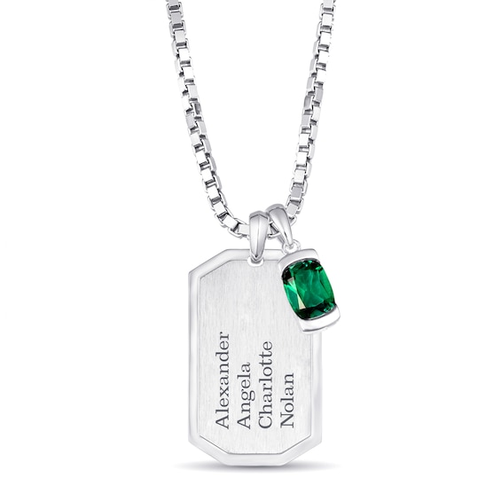 Men's Sterling Silver Color Stone Dog Tag Necklace (1 Stone and 1-4 Lines)