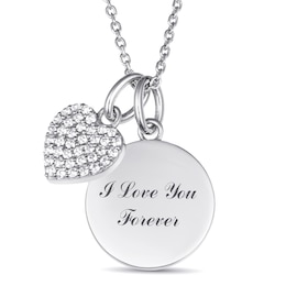 Engravable Round Disc and White Lab-Created Sapphire Heart Charm Necklace (1-3 Lines)