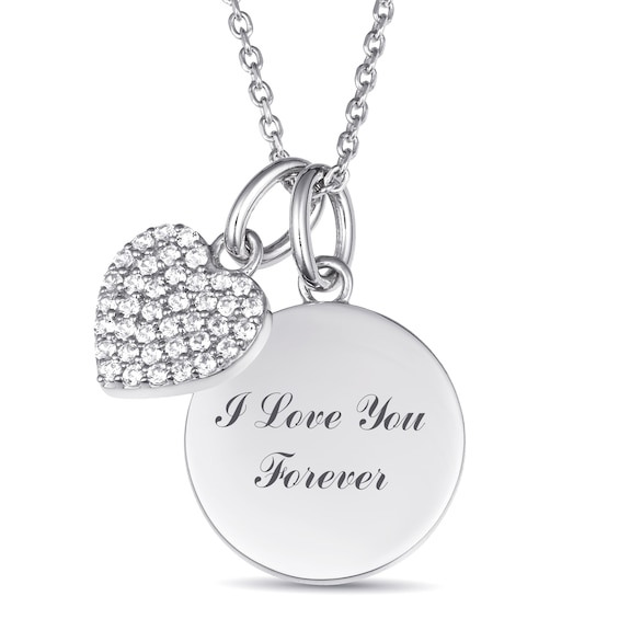 Engravable Round Disc and White Lab-Created Sapphire Heart Charm Necklace (1-3 Lines)