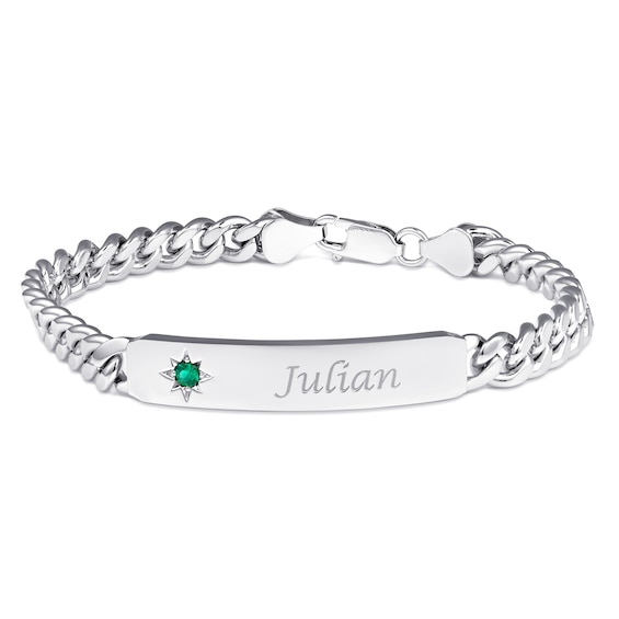 Men's Sterling Silver Color Stone Curb Chain ID Bracelet (1 Stone and 1 Line)