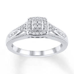 Multi-Diamond Cushion Halo Promise Ring 1/6 ct tw 10K White Gold