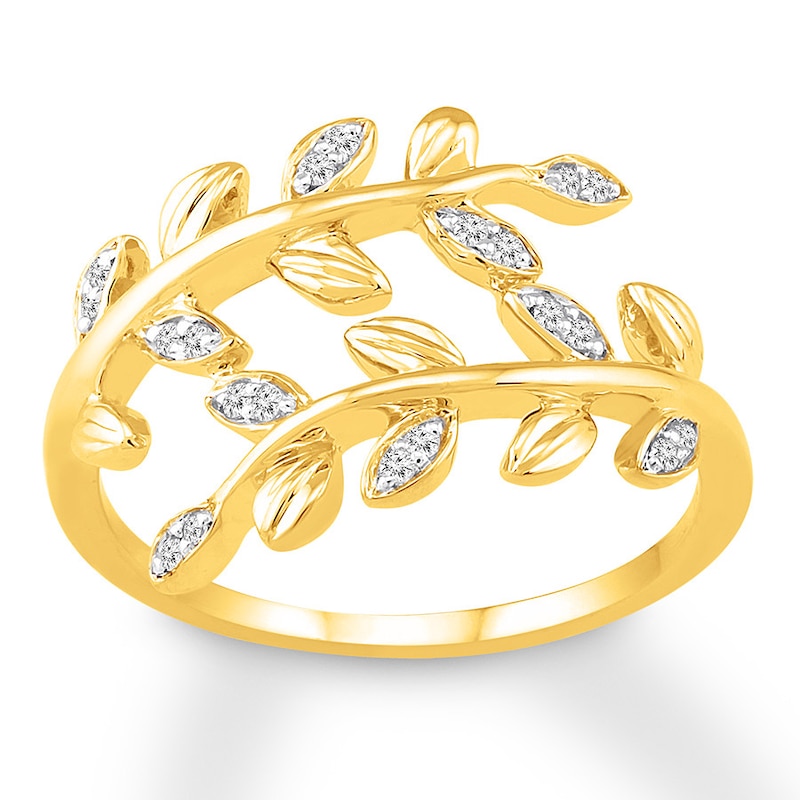 Main Image 1 of Diamond Leaf Ring 1/10 ct tw Round-cut 10K Yellow Gold