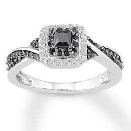 Black Diamond Ring 3/8 ct tw Princess/Round Sterling Silver