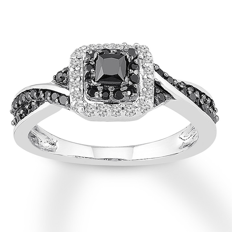 Black Diamond Ring 3/8 ct tw Princess & Round Sterling Silver