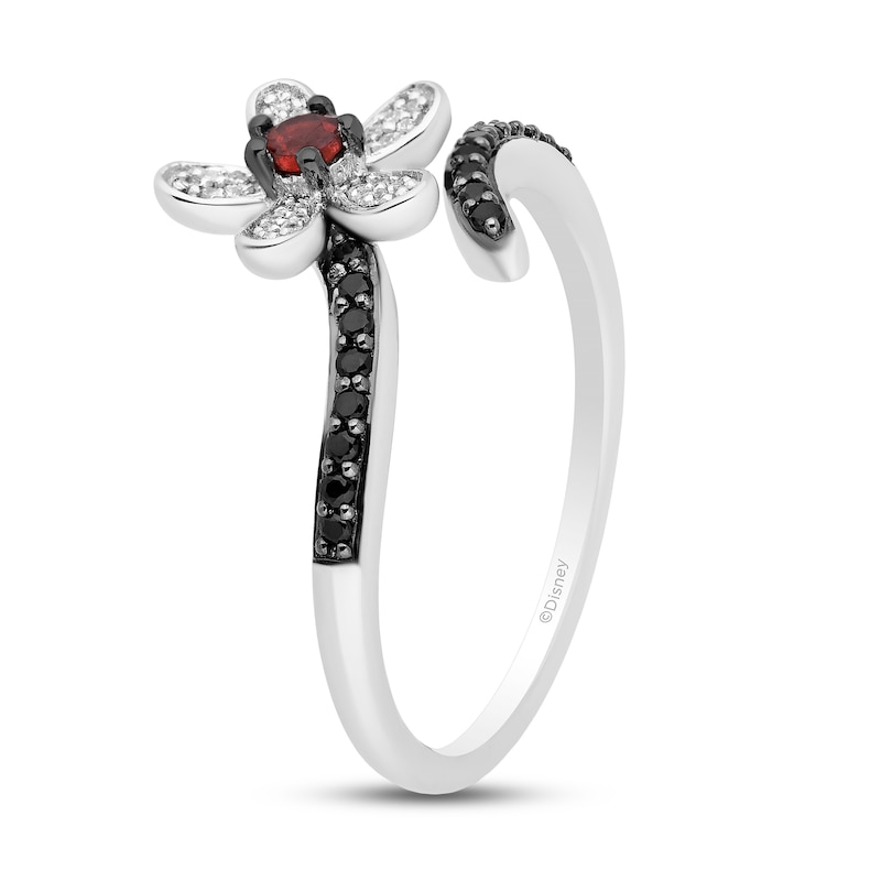 Disney Treasures Minnie Mouse Garnet, Black & White Diamond Flower Ring 1/5 ct tw Sterling Silver
