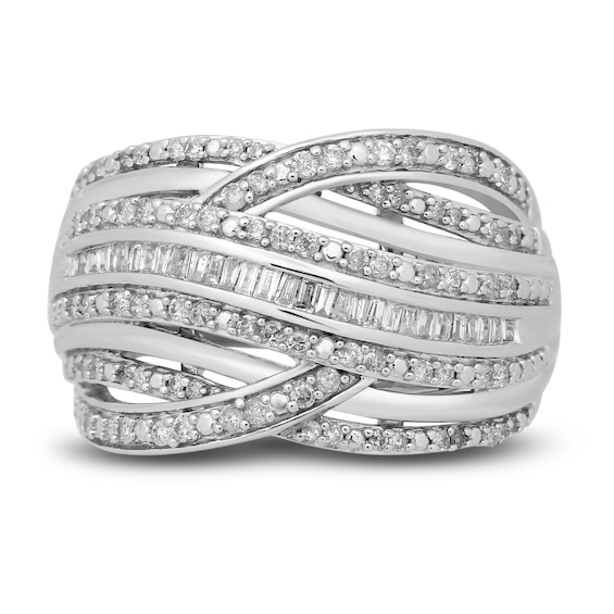 Diamond Bypass Ring 1/2 ct tw Round & Baguette Sterling Silver