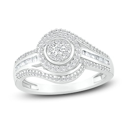 Diamond Flower Ring 3/8 ct tw Round & Baguette-cut Sterling Silver