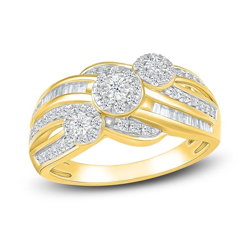 Main Image 1 of Diamond Three Flower Ring 1/2 ct tw Round & Baguette-cut 10K Yellow Gold