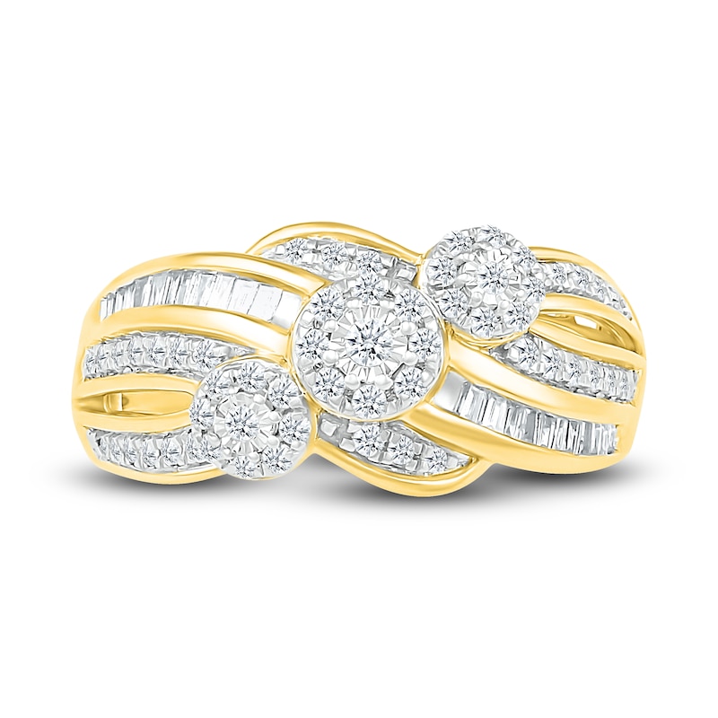 Diamond Three Flower Ring 1/2 ct tw Round & Baguette-cut 10K Yellow ...