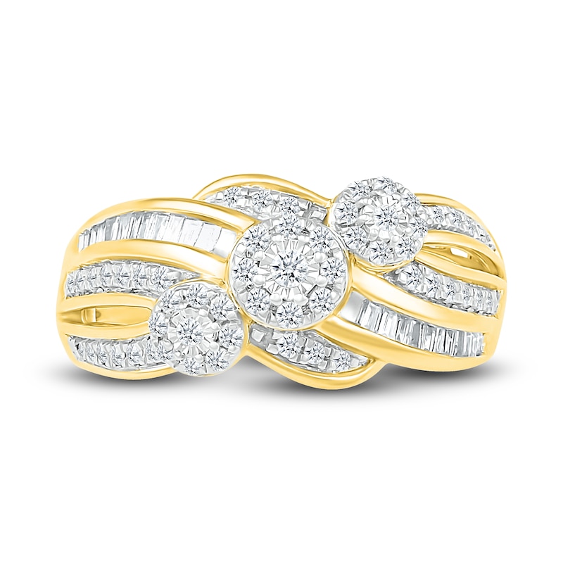 Main Image 2 of Diamond Three Flower Ring 1/2 ct tw Round & Baguette-cut 10K Yellow Gold