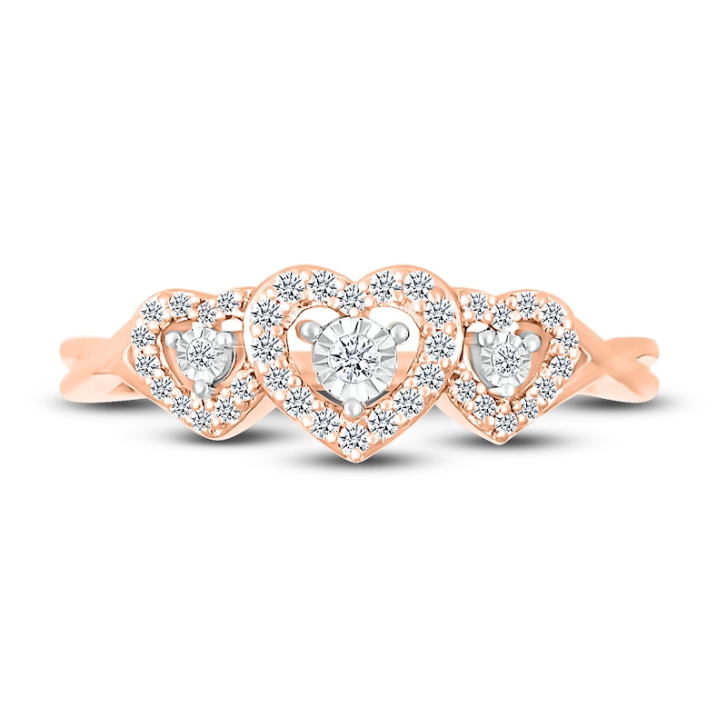 Main Image 2 of Diamond Three Heart Ring 1/6 ct tw Round-cut 10K Rose Gold