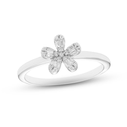 Diamond Flower Ring 1/8 ct tw Baguette & Round-cut 10K White Gold