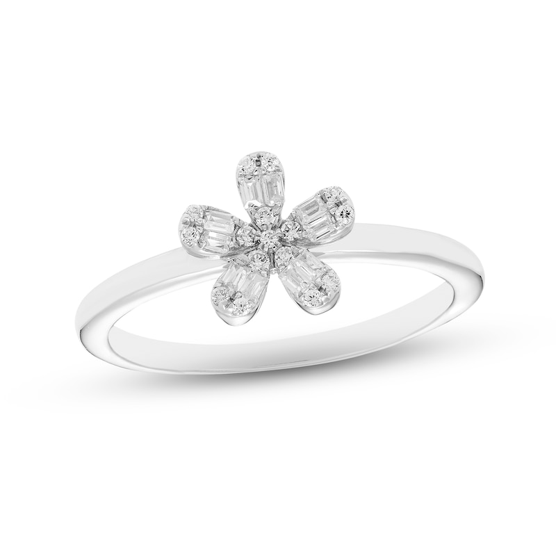 Diamond Flower Ring 1/8 ct tw Baguette & Round-cut 10K White Gold