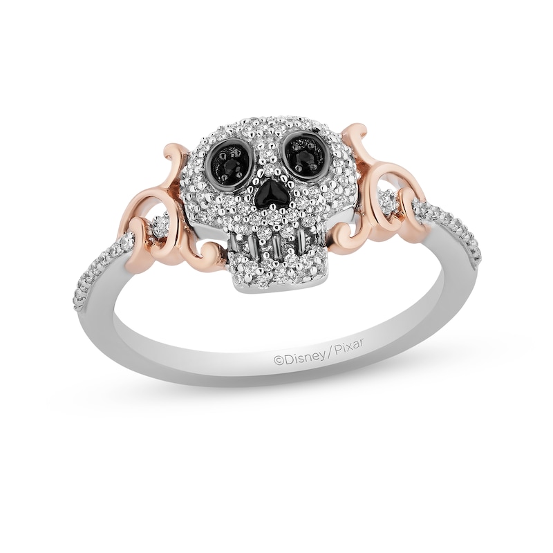 Disney Treasures Coco Black & White Diamond Sugar Skull Ring 1/5 ct tw Sterling Silver & 10K Rose Gold