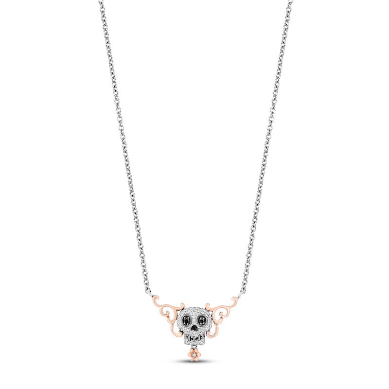 Disney Treasures Coco Black & White Diamond Sugar Skull Necklace 1/6 ct tw Sterling Silver & 10K Rose Gold 17"