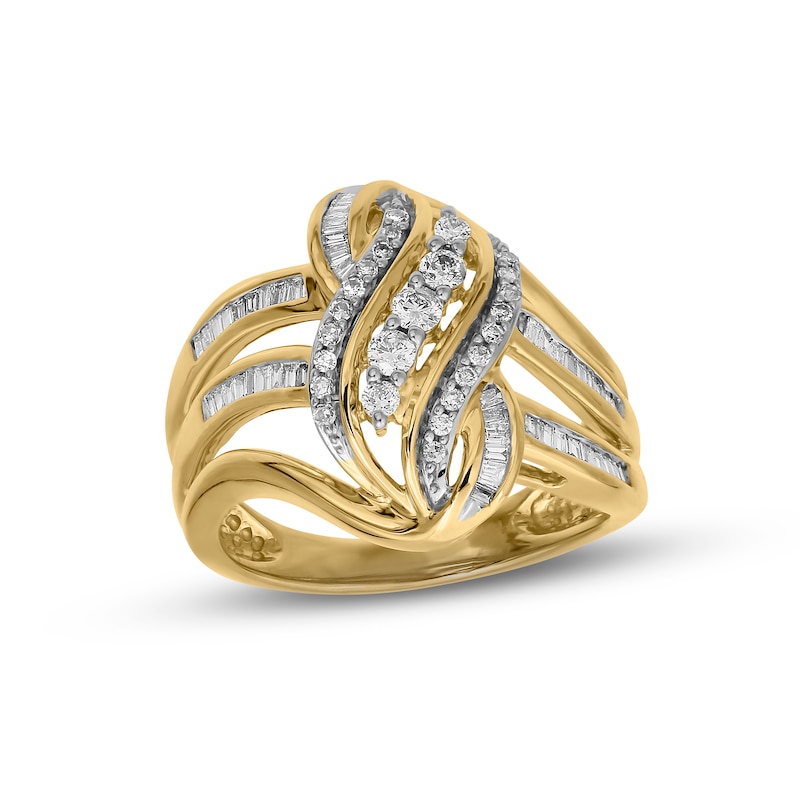 Main Image 1 of Diamond Swirl Ring 1/2 ct tw Round & Baguette-cut 10K Yellow Gold