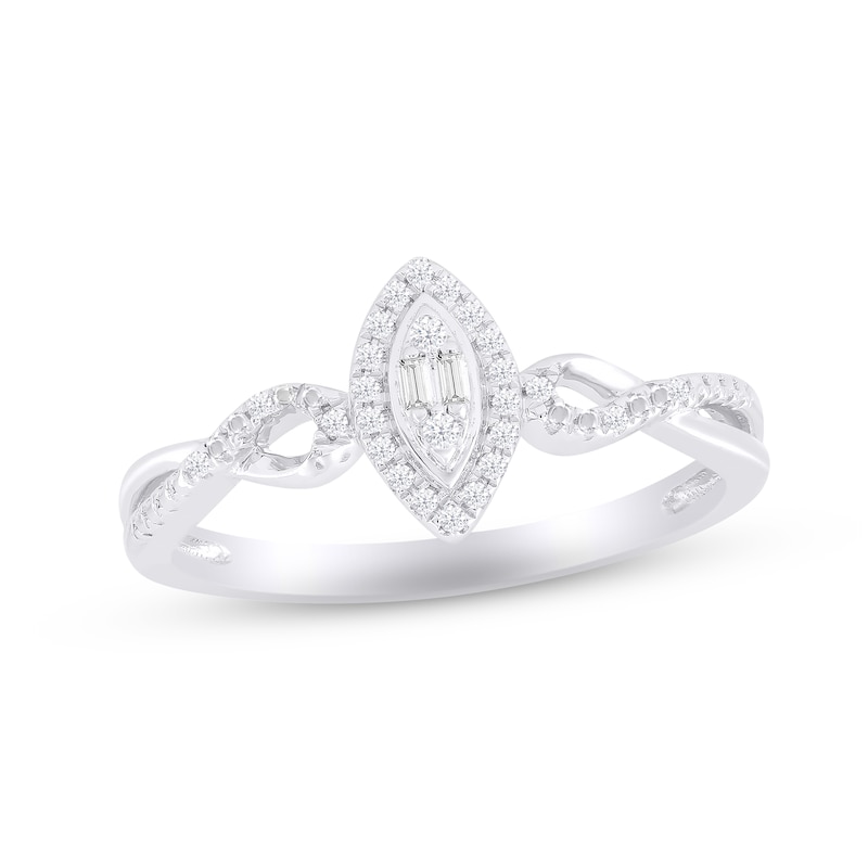 Main Image 1 of Baguette & Round-Cut Multi-Diamond Marquise Halo Promise Ring 1/10 ct tw Sterling Silver